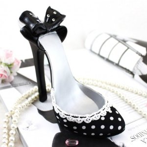 Girly black and white polka dot stiletto with lace trim shoe phone holder