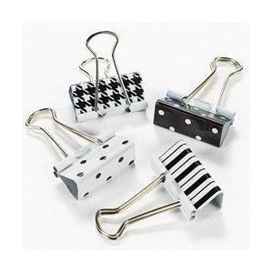 Girly office supplies: Stylish black and white fashion bulldog / binder clips - stripes, polka dots and houndstooth