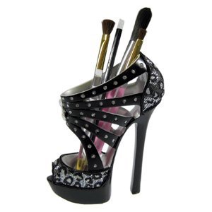 Black strappy high heeled Shoe make-up brush holder or girly pen holder