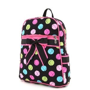 Black colorful polka dots rucksack with black bow & hot pink trim