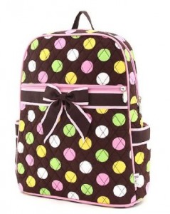 Black backpack with pink, green, yellow & white dots and black bow