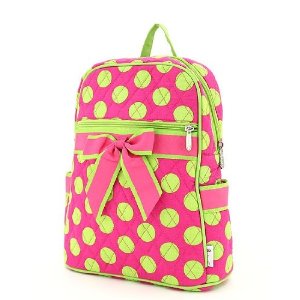 Hot Pink and Lime Green polka dot backpack with pink ribbon
