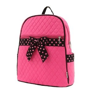 Hot pink quilted backpack with black and pink polka dotted bow