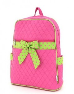 Hot Pink Quilted pattern with lime green polka dot bow backpack