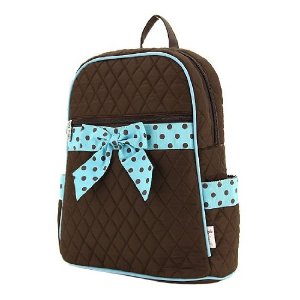 Black bag with blue & black polka dot ribbon bow backpack