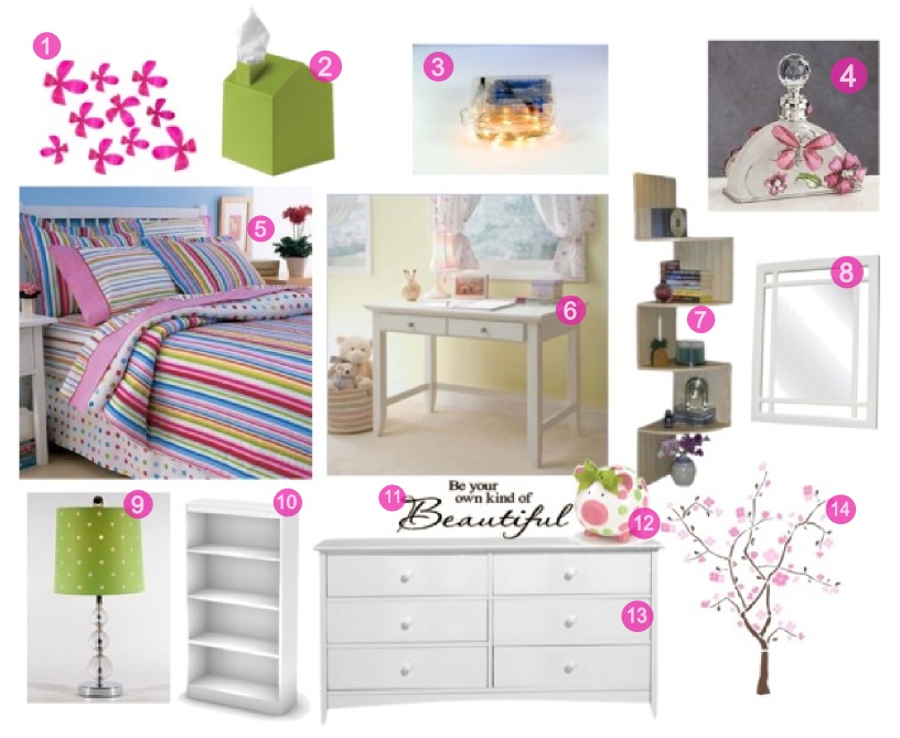 Trendy Contemporary Pink, Green & White Girls Bedroom Decor