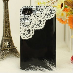 Black iphone case with white lace trim and pearl decoration