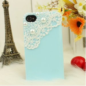 Blue and white lace iphone case with pearl decoration
