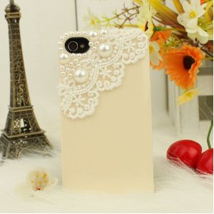 Cream White Lace iphone case with pearl decoration