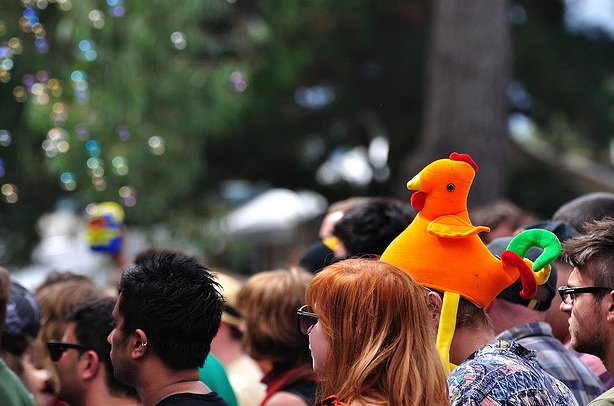 Funny chicken hat at music festival