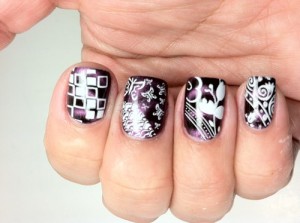 Nail art: purple and white nail stamping patterns