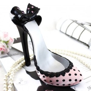 Pink polka dot stiletto shoe phone holder