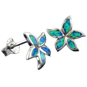 Blue green opal plumeria earring pair