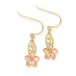 Gold dangling leaf and plumeria flower earrings