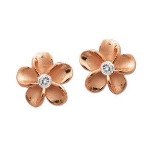Rose gold plumeria stud earrings with Cubic zirconia