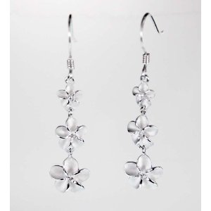 Long Danging silver plumeria earrings with three flowers