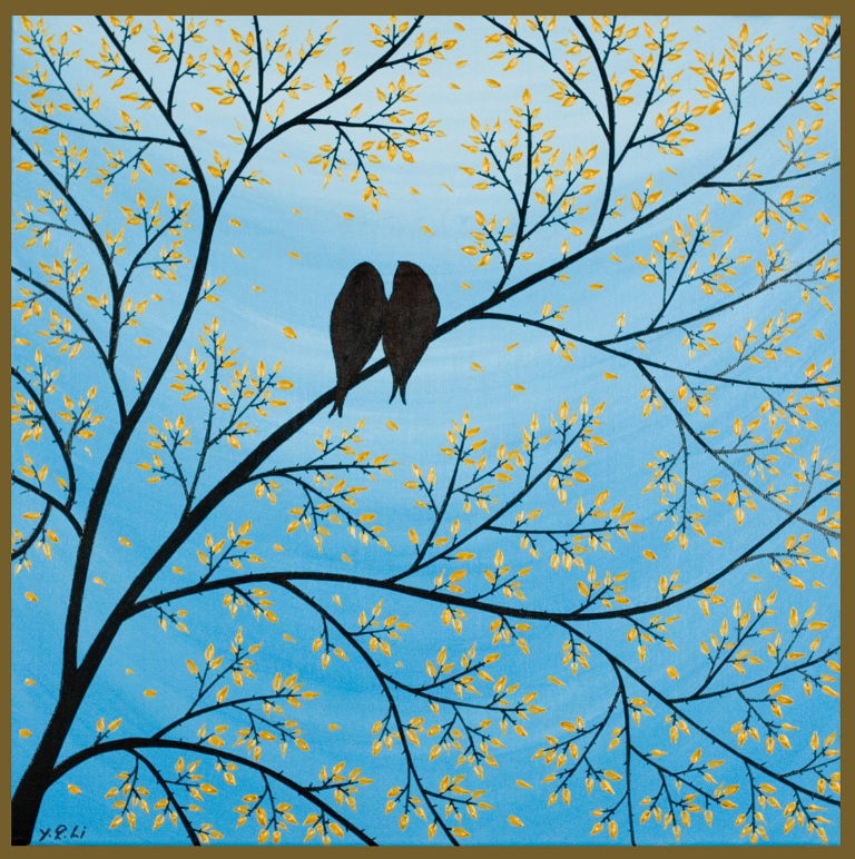 Love bird art: "Forever" - birds sitting in tree silhouettes on sky blue background