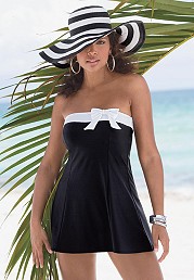 Bandeau-style Midnight navy blue swimdress with white trim and bow and Removable/adjustable white strap by ROAMANS