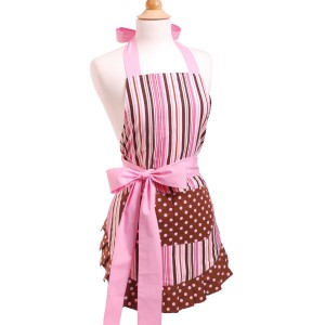 Pink apron with pink & chocolate brown stripes, polka dots and a side pink bow 