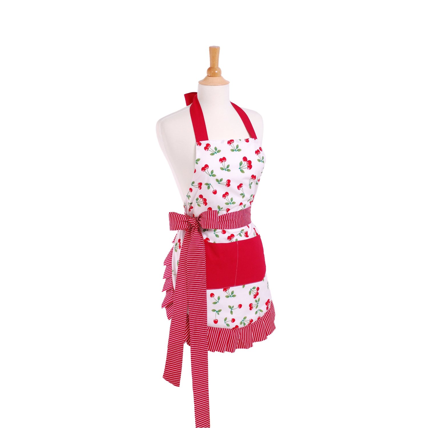 White & Red Vintage style cherry apron with red bow and cute ruffle
