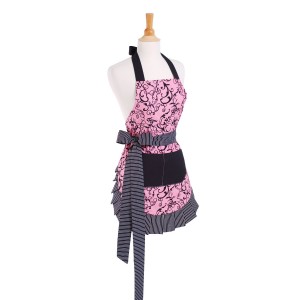 Contemporary black and pink apron with damask and bow