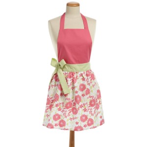 Retro / Vintage apron: Pink apron with floral print and green side bow