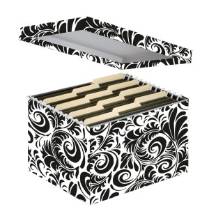 Girly desk accessories: black and white damask paper file storage box 