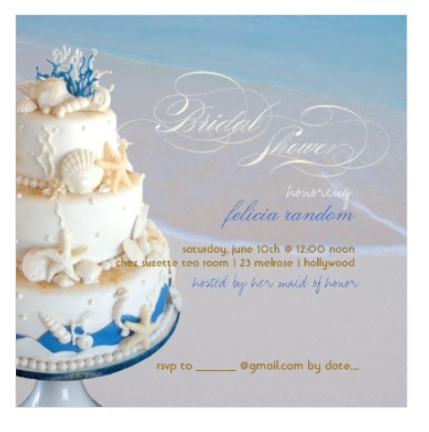 Seashells and nautical wedding cake beach bridal shower invitations