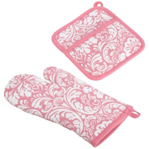 Pink oven mitts with pretty white damask pattern