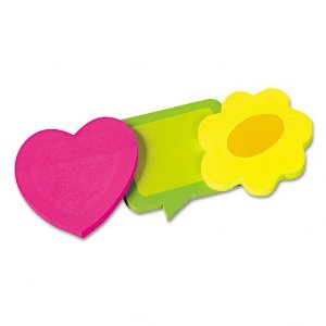Assorted shaped postits: pink heart, yellow flower and green speech bubble 