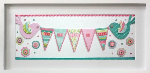 Pretty girly nursery girls bedroom art: Cute pastel bunting with sweet love birds and the saying - All you need is love