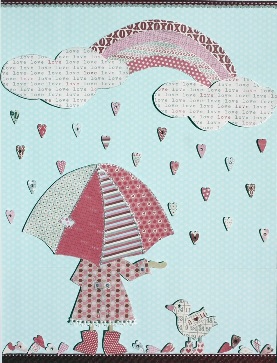 Girly girls room art: Cute Heart shaped raindrops on Pastel blue background with girl holding pink umbrella and rainbow