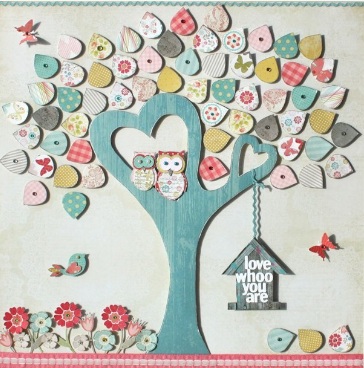 Adorable Nursery Art: Pastel blue and pink tree with heart shaped branches and cute owls surrounded by colorful flowers and butterflies