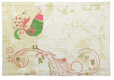 Cute Pink and Green Retro Grunge Floral swirls and contemporary Bird Placemats