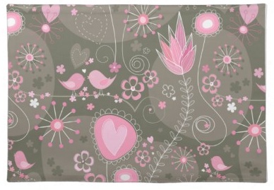Whimsical Miro inspired Garden with birds flowers and hearts - Pink and black modern art bird Placemat