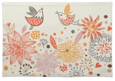 Flowers and Cute Pretty Retro Birds Placemat