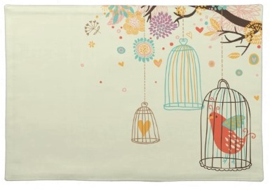 Retro cute Bird in Cage Tree and hearts green contemporary Placemat