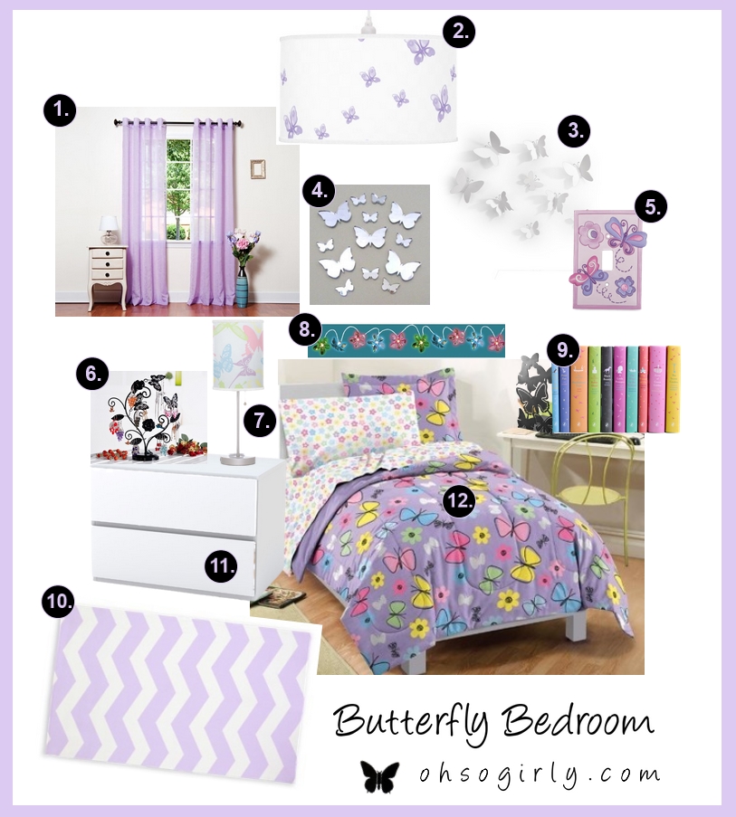 Purple butterfly themed bedroom decor idea with accessories
